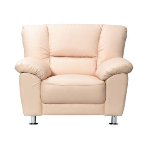 Stylish beige leather sofa on white background