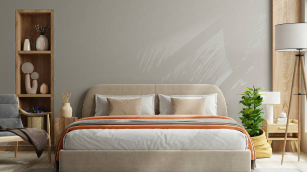 Bedroom wall mockup,cozy dark grey bedroom interior background 3d rendering