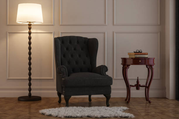 Retro living room with armchair, side table, floor lamp and parquet floor